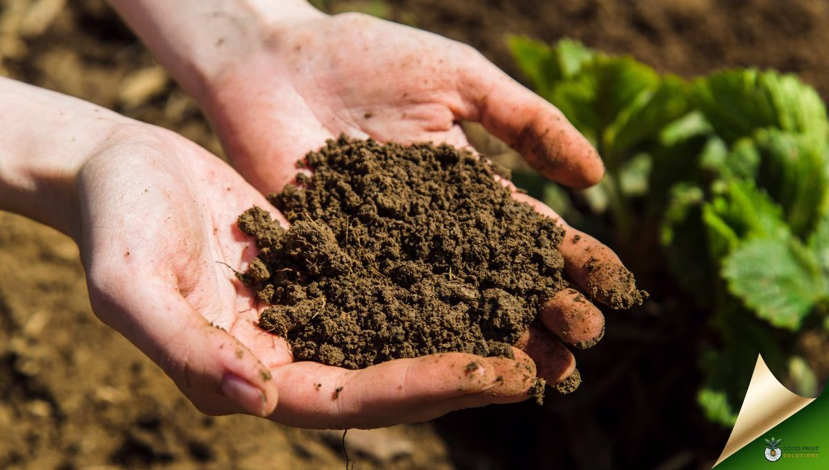 Hands holding rich, healthy soil in a garden, highlighting the importance of quality soil inputs for stronger crops and safer growing practices.